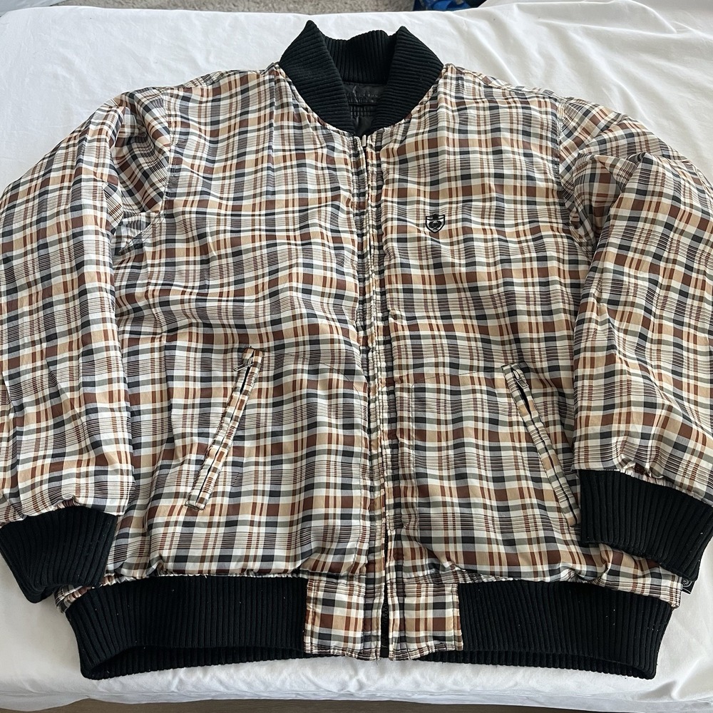 Phat Farm Classics Puffer Jacket Men's 2XL Plaid Black Reversible Coat Y2k